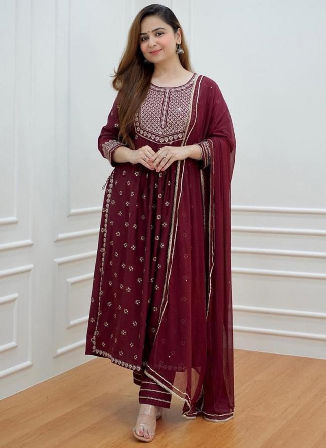 Rayon Maroon Traditional Wear Embroidery Work Readymade Kurti With Pant And Dupatta